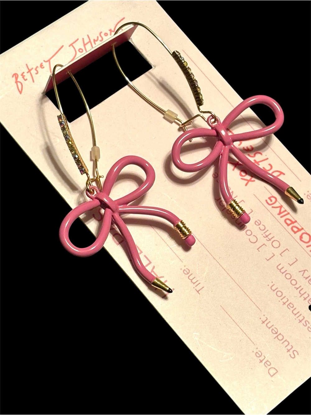 NWT•Betsey Johnson Pink Pencil Bow Wire Drop Earrings